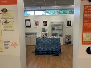 View of exhibition gallery from a distance between a door way. Shows a table with a blue table cloth and some display cabinets in the back ground.
