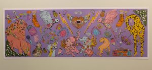 Light purple print of animals and shapes.